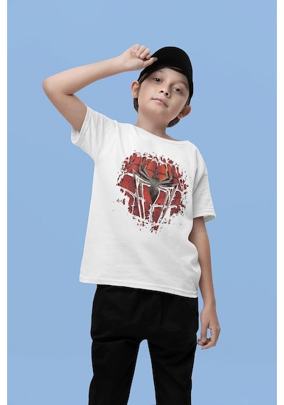 Sevbano Örümcek Adam Logo Baskılı Unisex Spider-man Film Çocuk Tişört 1- Beyaz