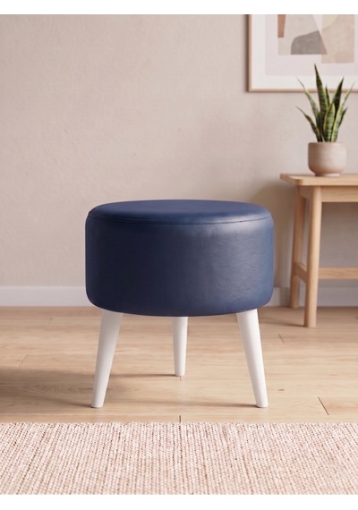 Modern Lacivert Deri Puf Tabure Ahşap Beyaz Ayaklı Yuvarlak Puf 40x42 Cm
