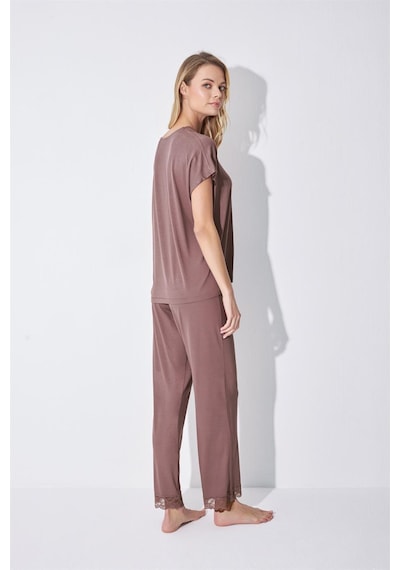 Monamise Kadın Kısa Kollu V Yakalı Dantelli Pijama Takımı 18512-kahve Kahverengi