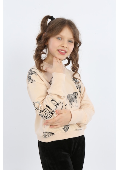 Toontoy Kız Çocuk Tiger Trend Baskılı Sweatshirt Bej