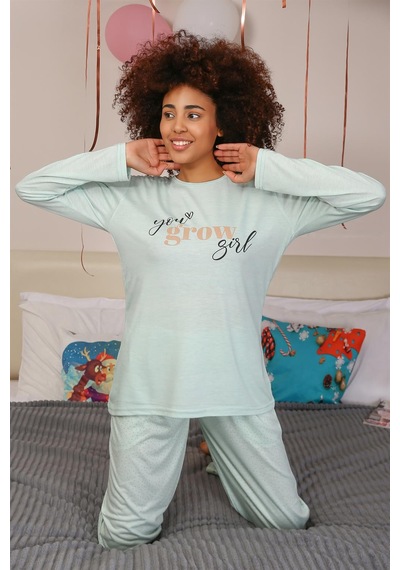 İbrahim Burak Etiler Collectıon Moda Çizgi Kadın Penye Uzun Kol Pijama Takım 4188 Su Yeşili