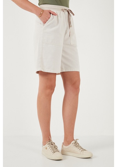 Lela Pamuklu Relaxed Fit Yüksek Bel Cepli Mini Bayan Şort 668Yp5384 Taş