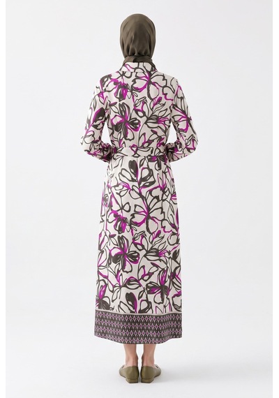 Armine Trend Beli Kemerli Ve Boydan Düğmeli Desenli Tunik Pembe 25yt421