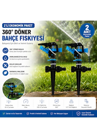 2'li 360 Derece Döner Bahçe Fıskiyesi Seti Ayarlanabilir Çim Sulama Sprinkleri Bahçe Sulama Aparatı