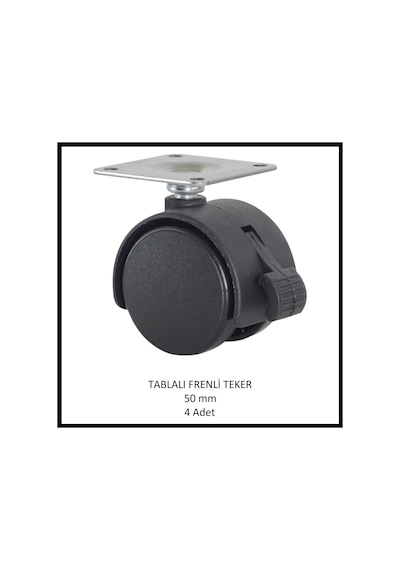 Frenli Tablalı Mobilya Tekerleği, 50 Mm 4 Adet , Ofis Koltuk, Dolap, Etejer, 360 Derece Döner Siyah