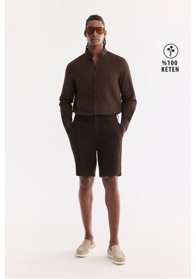 Avva Erkek Kahverengi Beli Lastikli %100 Keten Relaxed Fit Şort B003732 Kahve