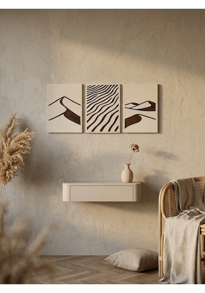 Desert Trilogy 3'lü Duvar Sanatı Seti - Modern Soyut Kum Tepesi Ve Rüzgar Dalgaları Motifli Kazıma Tablo, Organik Minimalist Oyma Tablo Seti