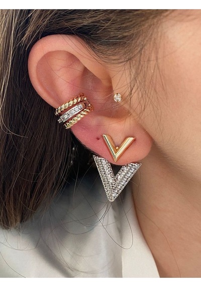 Pinery Jewels Vıp Seri - 3 Sıra Altın Gümüş Renk Kadın Earcuff Kıkırdak Küpe Altın