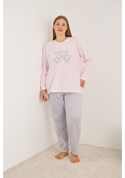 Siyah İnci Büyük Beden Polar Kışlık Örme Pijama Takım 25222563 Pembe