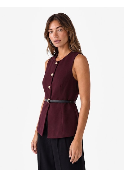 Koton Slim Fit Mücevher Düğmeli Bisiklet Yaka Kemerli Peplum Yelek Bordo 7wak20018uw