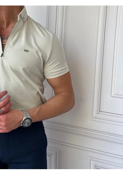 Modefendi Pamuk Likra Slim Fit Kalıp Bebe Yaka Fermuarlı Tshirt Bej