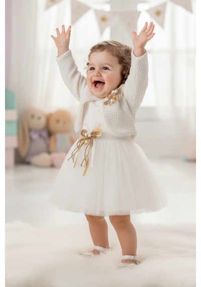Mnk Baby & Kids Triko Bolerolu Kız Bebek Elbise M00770 Krem