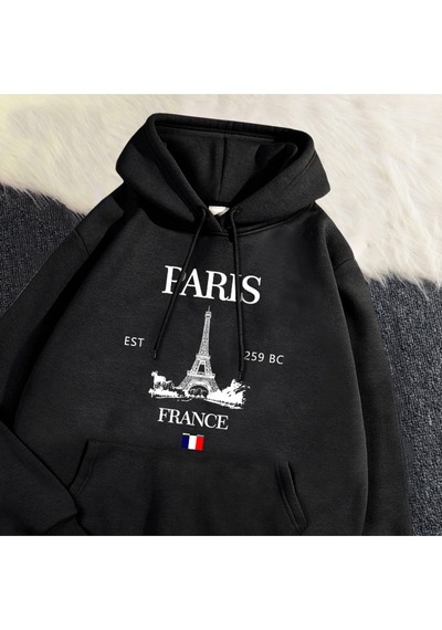 Startmore Startmoremoda Hoodies Paris Fransa Eyfel Kulesi Baskı Kazak Cep Yumuşak Sıcak Nefes Kazak Sonbah Siyah