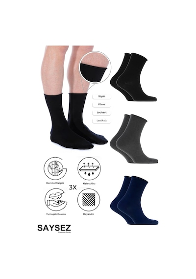 Saysez Bambu Erkek Lastiksiz Asorti Soket Dikişsiz Premium Çorap 3'lü Paket / İz Bırakmaz / Sıkmayan Çorap Çok Renkli
