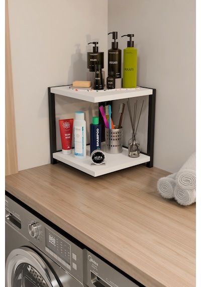 İki Raflı Banyo Köşe Kare Düzenleyici Organizer Raf Metal Gövdeli Çok Amaçlı Banyo Standı Beyaz