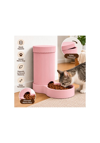 Kedi Ve Köpek Otomatik Mama Kabı Yerçekimli Mama Besleyici, Geniş Hazneli, Pratik Ve Modern Tasarım - Pembe