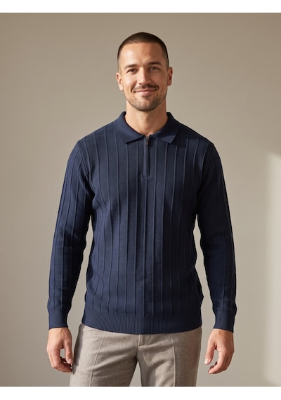 Maccali Erkek Lacivert Fitil Detaylı Fermuarlı Polo Yaka Triko Sweatshirt