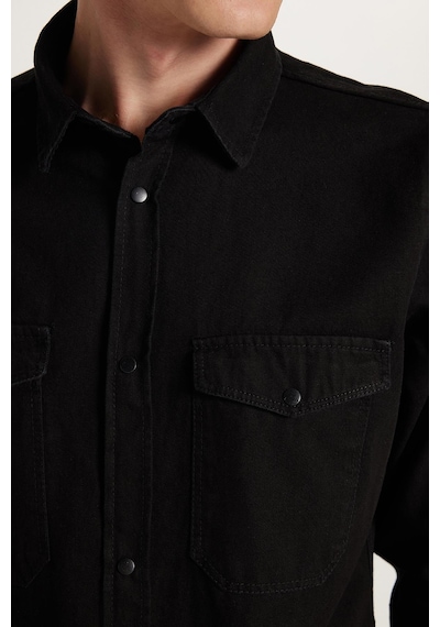 Tudors Erkek Slim Fit Dar Kesim Uzun Kollu Denim Kot Çift Cep Çıtçıtlı Siyah Gömlek-35552 Siyah