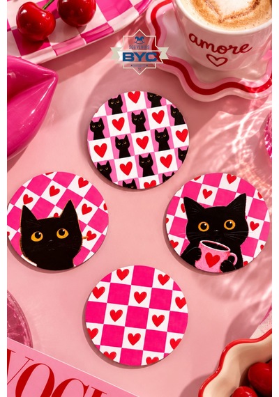 Pembe Kedi & Kalp Desenli 4 Lü Bardak Altlığı Seti - 9 Cm, 3 Mm Mdf, Uv Baskı