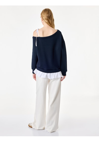 Koton Pamuklu Asimetrik Yaka Tek Askılı Baskılı Uzun Kollu Sweatshirt Lacivert 7wal10254ık