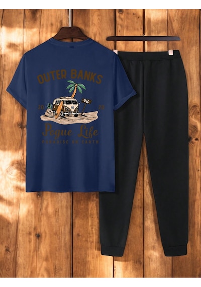 Uyguntarz Unisex Outer Banks Tasarım Basklı Tshirt Eşofman Takımı Lacivert