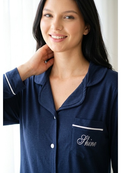 Aura Collections Kadın Lacivert Pamuklu Boydan Düğmeli Gömlek Yaka Uzun Kol Pijama Takımı