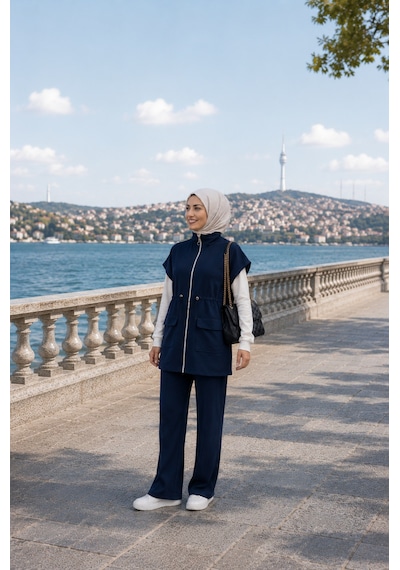 Lacivert Yelekli 2 Li Takım Modern, Rahat Ve Şık Günlük Kombin