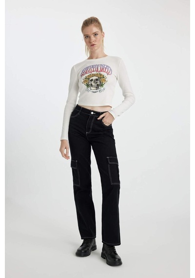 DeFacto Coool Straight Fit Gabardin Pantolon Kargo Cepli Yüksek Bel B0458AX23AUBK27 Siyah