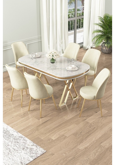 Canisa Lai Serisi 90x168 Lak Panel Beyaz Mermer Desen Gold Ayak Masa Takımı 6 Krem Sandalye Beyaz Mermer Desen Masa Sandalyeler Krem Canisa Lai Serisi 90x168 Lak Panel Beyaz Mermer Desen Gold Ayak Masa Takımı 6 Krem Sandalye Beyaz Mermer Desen Masa Sandalyeler Krem