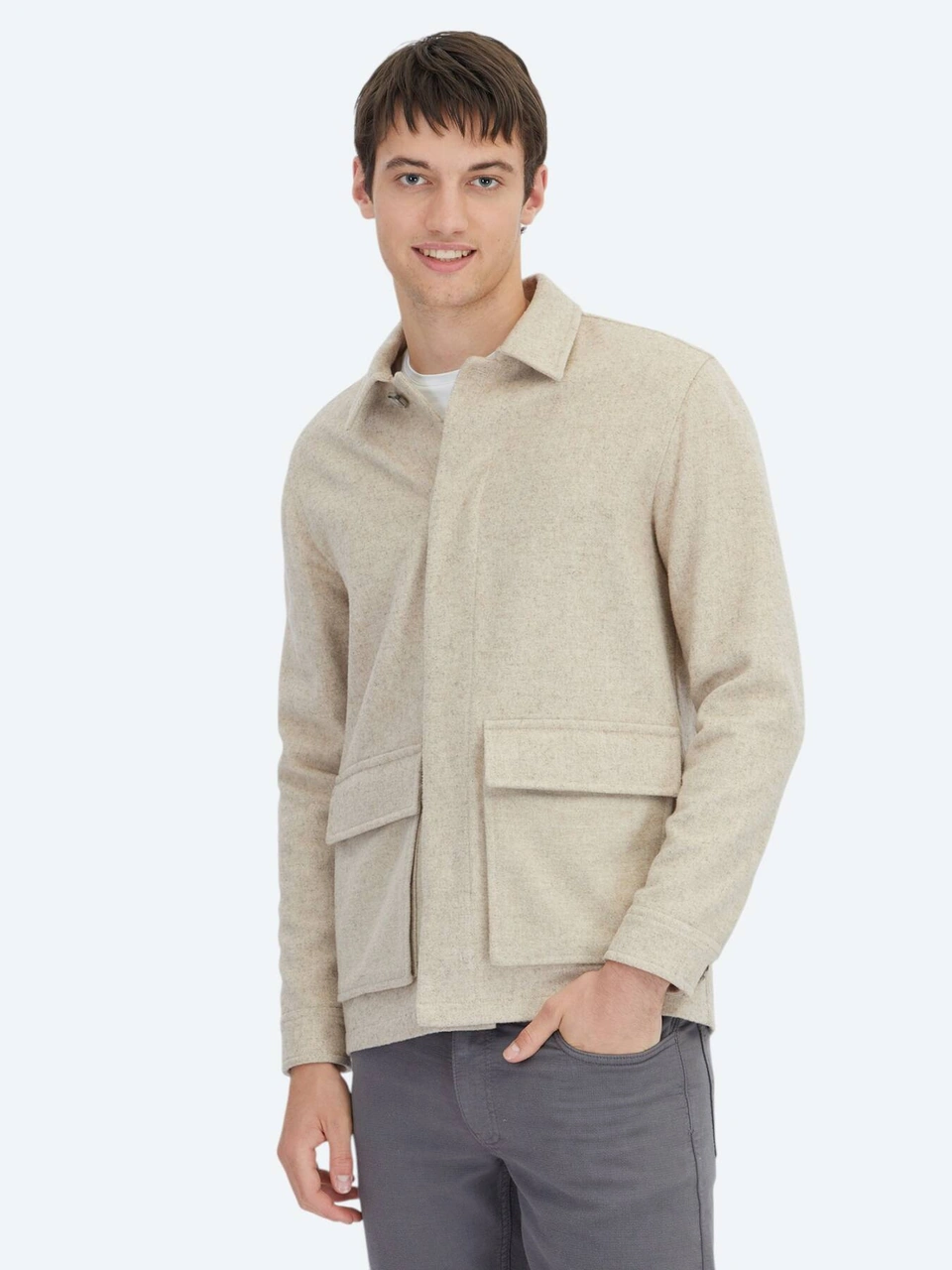 Kip Bej Oversize Fit Dokuma Yün Karışımlı Overshırt Bej
