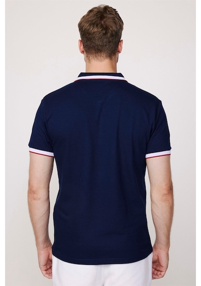 Tudors Erkek Slim Fit Dar Kesim %100 Pamuk Düz Pike Kol Şeritli Lacivert Polo Yaka Tişört-27689
