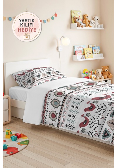 Bohem Kuş Pembe Genç Odası Tek Kişilik Pike Takımı - Etnik Mint 160x220 Cm Kapitone Yatak Örtüsü Kumlu Kâğıt Aralığı