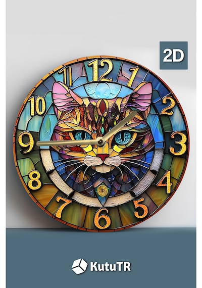 Sessiz Yuvarlak Ahşap Duvar Saati, Kuvars Hareketli 2d Kedi Desen Sdw021 Renkli