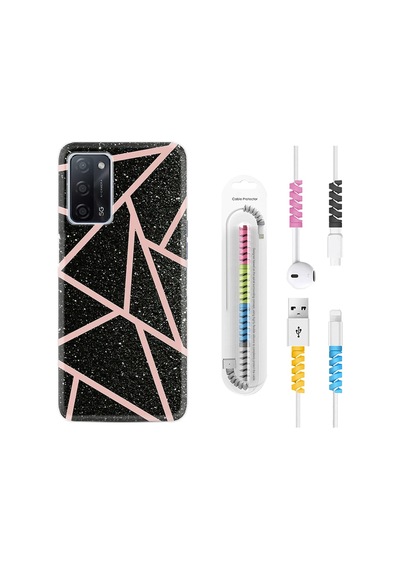 Oppo A55 Kılıf Kablo Koruyuculu Pembe Şeritli Mermer 1312