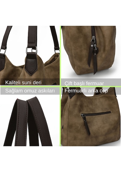 Cappadocia Vintage 5086 Myra Kadın Dumanlı Koyu Kahverengi Pu Deri Günlük Omuz Çantası Üç Bölmeli Hobo Tote El Çantası Dumanlı Koyu Kahverengi