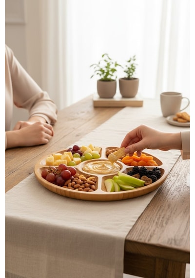 Balsa Bambu 5 Bölmeli Kahvaltı Sunum Tabağı -çerez Tabağı - Lüx Tasarım 30x30 Cm Tex53030 Kahverengi