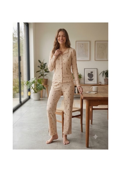 Kadın Uzun Kollu Desenli Fiyonk Detaylı Kaşkorse Kumaş Pijama Takımı Vizon