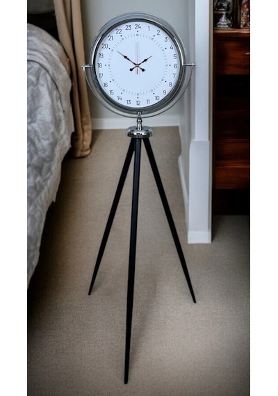 Krom 24 Saat Göstergeli Özel Tasarım Tripod Ayaklı Saat Çok Renkli