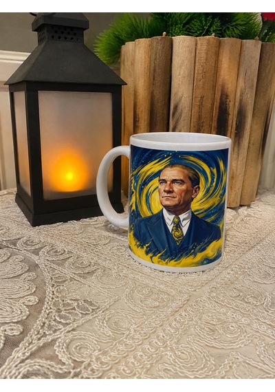 Kişiye Özel Sarı Lacivert Renk Tasarımlı Atatürk Görsel Temalı Kupa Bardak Sarı - Lacivert