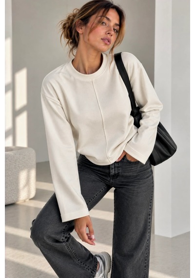Bb Butik Basic Ön Dikiş Detaylı Basic Sweatshirt Günlük Rahat Kesim My3535 Ekru