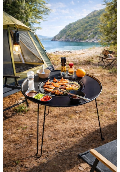 Katlanabilir Kamp Masası Izgaralı Mangal Özellikli Taşınabilir Outdoor Piknik Masa Siyah