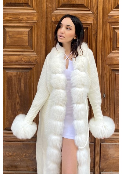Lava Design Kürklü Triko Hırka & Uzun Triko Hırka & Kadın Triko Hırka Beyaz