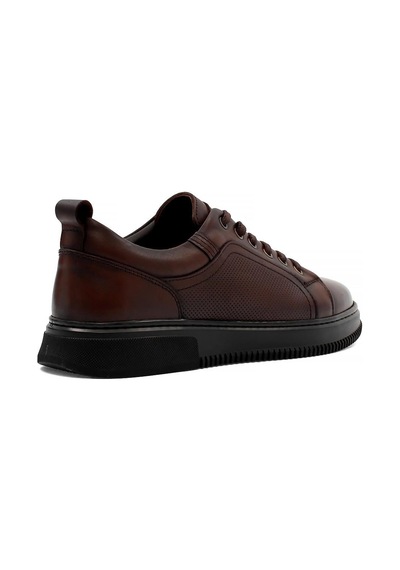 Erkek Kahverengi Bağcıklı Baskılı Deri Sneaker