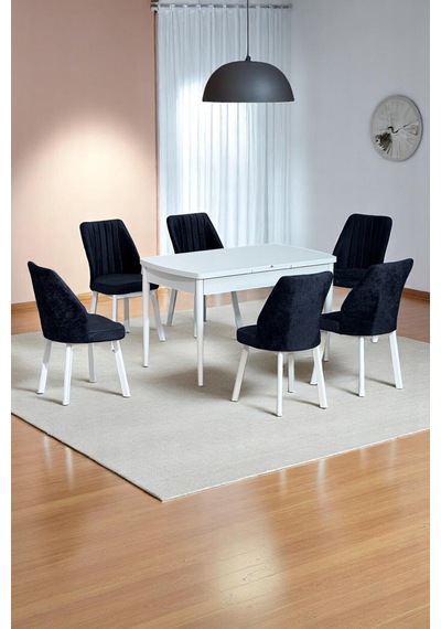 Sera Beyaz 80 x 132 Açılabilen MDF Masa Beyaz Metal Ayaklı Mutfak Masası 6 Siyah Sandalye Sera Beyaz 80 x 132 Açılabilen MDF Masa Beyaz Metal Ayaklı Mutfak Masası 6 Siyah Sandalye