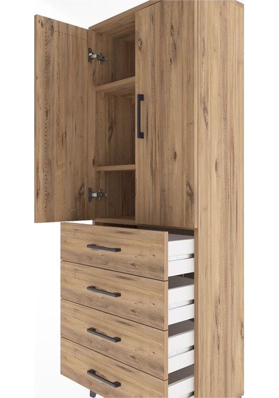 Arges Dolap 3 Raflı 4 Çekmeceli 2 Kapaklı 60x30x163 Çam-çam Çam