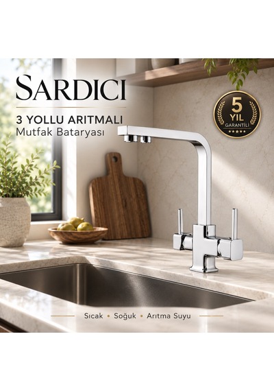 Sardıcı Ramon 3 Yollu Arıtmalı Mutfak Bataryası Pirinç Gövde  Krom