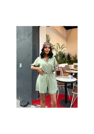 Nido Moda Kadın Cepli Oversize Gömlek Ve Beli Bağcıklı Şort İkili Takım Yeşil