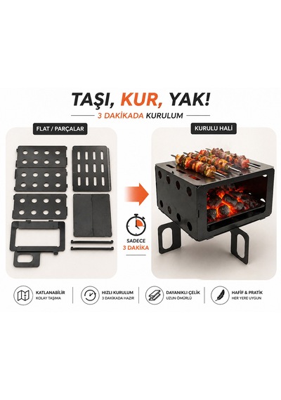 Taşınabilir Katlanabilir Kamp Ocağı & Ateş Çukuru Portatif Outdoor Mangal Metalik Gri