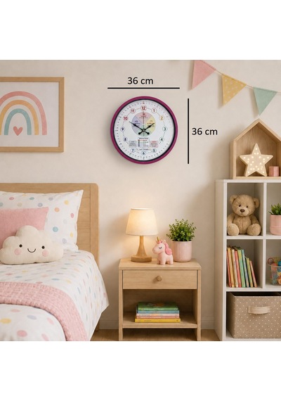 Almira Duvar Saati Pembe Öğretici 36 X 36 Cm Çocuk Duvar Saati