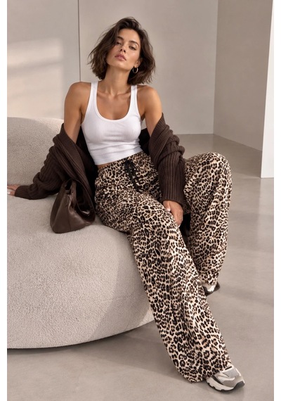 Bbbutikbasic Kadın Leopar Desenli Beli Lastikli Bol Paça Pantolon My3535